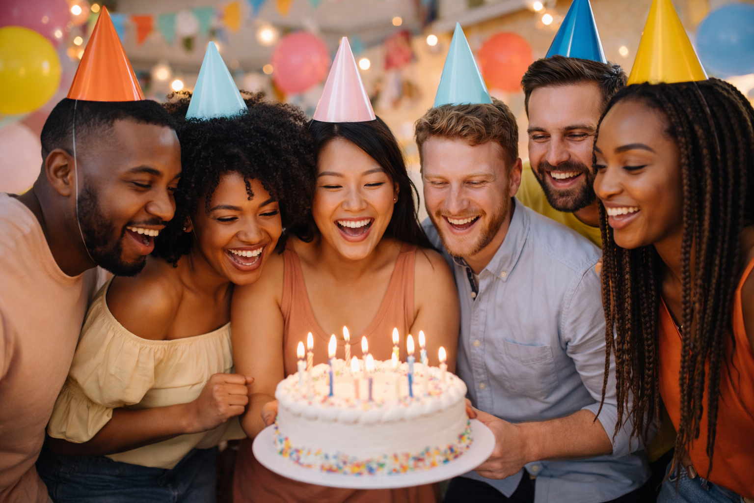 Kid in a party hat blowing out birthday candles