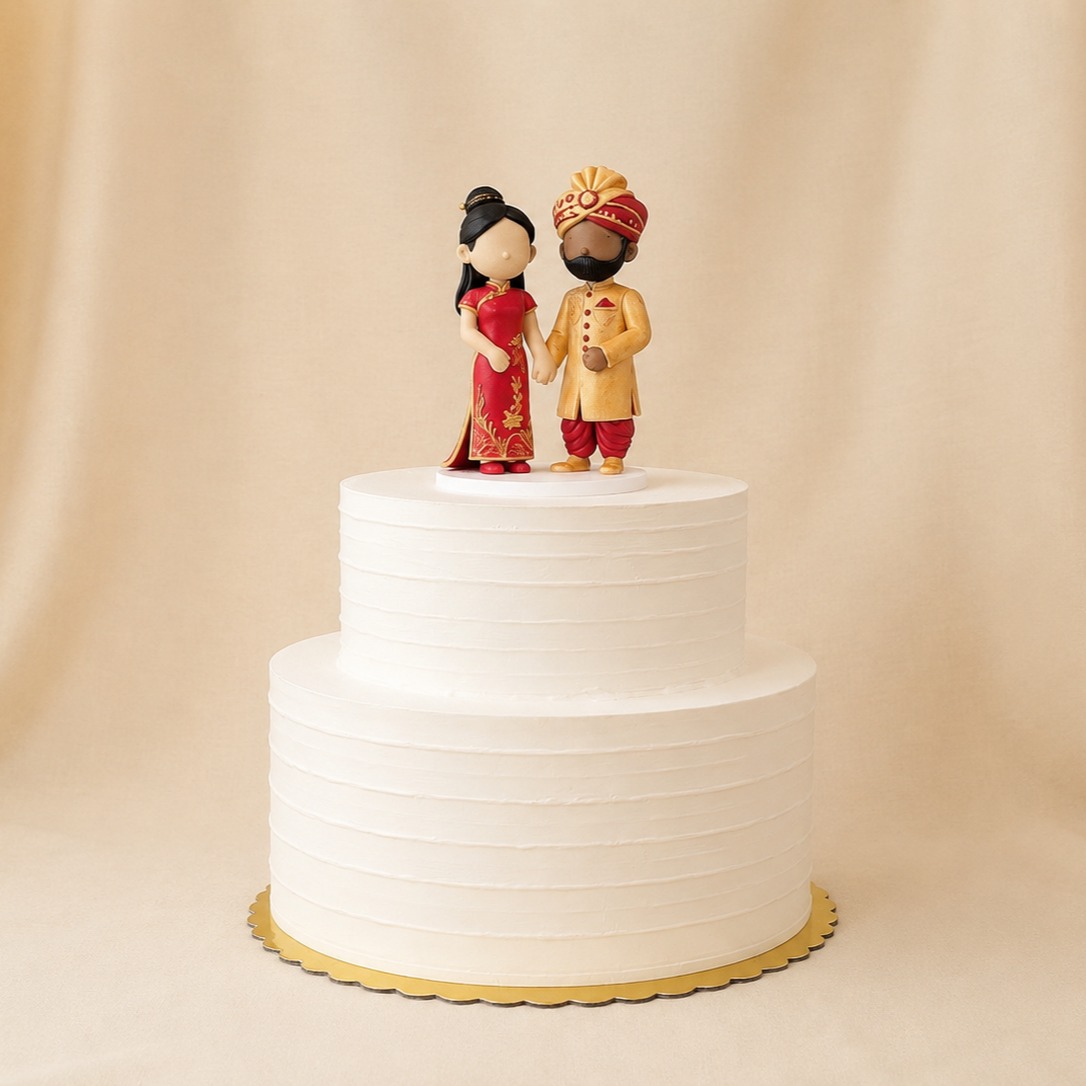 Custom wedding cake topper of a couple in traditional dress