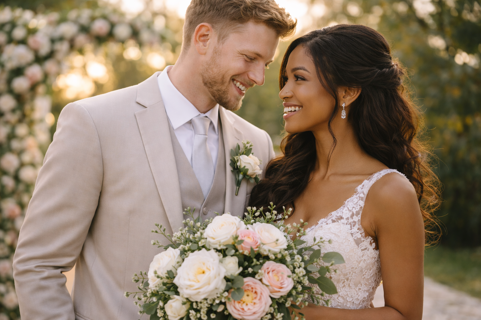 Bride and groom standing at an altar with an officiant